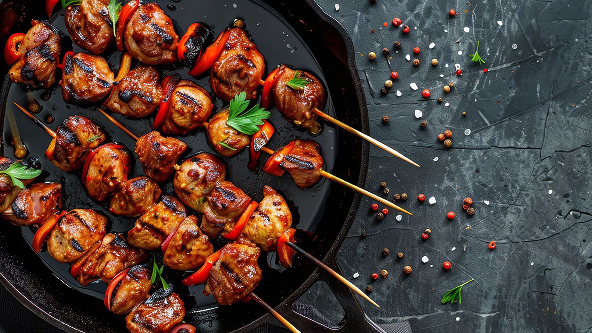 Grilled bbq meat on skewers with Umami Booster