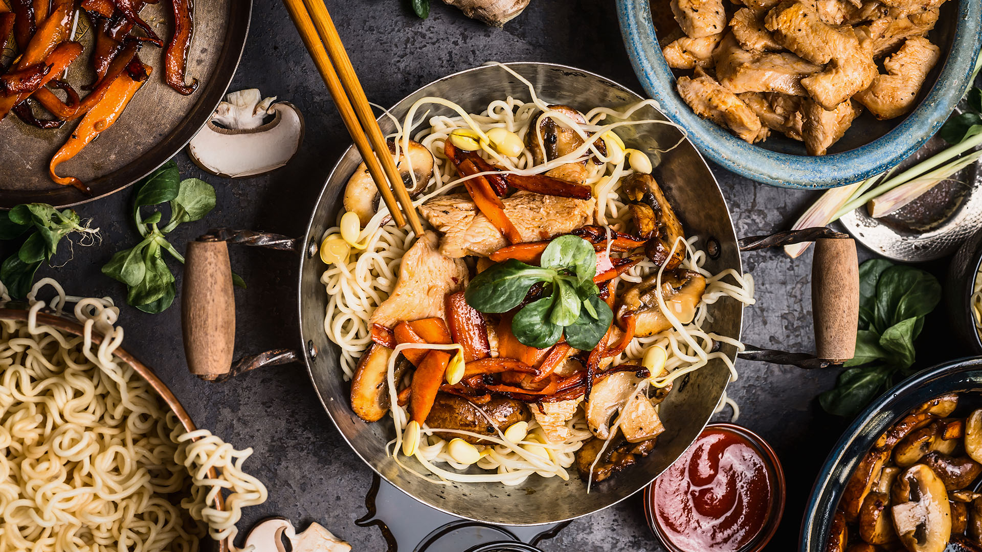 Asian kitchen table with food bowls made with Umami Booster